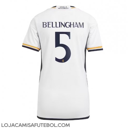 Camisa de Futebol Real Madrid Jude Bellingham #5 Equipamento Principal Mulheres 2023-24 Manga Curta